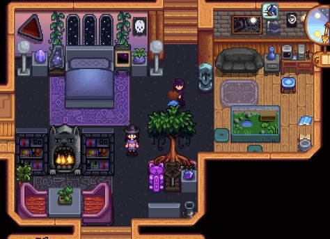 stardew valley house interior decoration sebastain Stardew Valley House Interior Abigail, Stardew Valley House Ideas No Mods, Stardew Decoration House, Interior Design Stardew Valley, Stardew Valley House Interior Goth, Stardew Valley Dark House, Stardew Valley Farm Interior, Stardew Valley House Interior Ideas Dark, Stardew Valley House Interior Ideas Cute