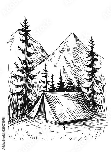 Stock Image: Tourist tent in the mountains, lake and trees. Nature landscape illustration. Background for travel designs. Hand drawn vector sketch on transparent background Forest And Mountains Drawing, Hiking Drawing Simple, Camping Sketch Drawings, Tent Camping Drawing, Camping Inktober, Camping Drawing Ideas, Camping Drawing Illustrations, Campsite Drawing, Camp Inktober