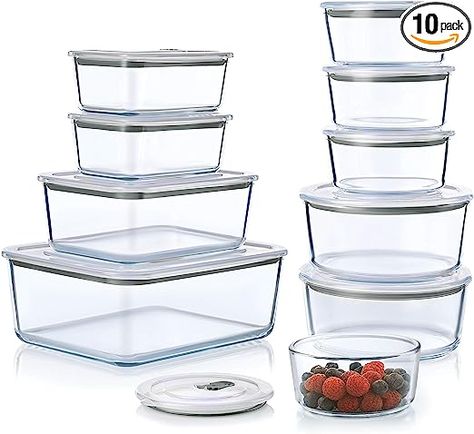 Amazon.com: FineDine 20-Piece Glass Food Storage Container Set - 100% Leakproof, BPA-Free, and Oven Safe - Perfect for Meal Prep and On-the-Go (Grey): Home & Kitchen Food Canisters, Glass Storage Containers, Food Storage Container Set, Backgrounds Phone, Airtight Food Storage, Airtight Food Storage Containers, Meal Prep Containers, Fancy Food, Glass Food Storage