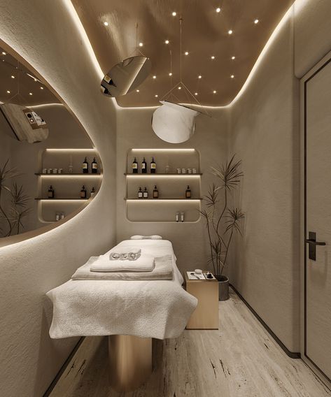 Visionaire | Massage Room on Behance Modern Spa Design Interiors Spas, Massage Room Ideas Decor, Moody Spa, Facial Room Design, Beauty Room Ideas Salon At Home, Massage Room Colors, Med Spa Design, Med Spa Aesthetic, Beauty Salon Aesthetic