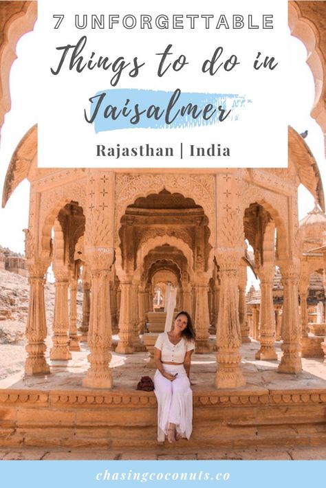 There is no shortage of unforgettable things to do in the Jaisalmer! From camping in the desert to exploring ancient architecture and being immersed in Rajasthani culture! All these spots are also epic Instagram spots so you can get the perfect shot. Continue reading to learn 7 awesome things to do in Jaisalmer which you will cherish for a lifetime! #thingstodoinindia #travelindia #visitrajasthan #jaisalmer #rajasthan #india Camping In The Desert, Rajasthani Culture, Desert Festival, India Travel Guide, Golden City, Visit India, Tropical Beaches, Jaisalmer, Unique Buildings