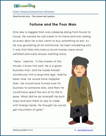 Fable for grade 3 students: "Fortune and the Beggar". Kid's fable, fiction, 450 words. Reading comprehension questions follow the historical short story. Free reading and math worksheets from K5 Learning. No login required. Present Perfect Tense Exercises, Short Fables, Reading Comprehension Grade 1, Short Stories To Read, Fable Stories, Very Short Stories, Free Short Stories, Worksheets For Grade 3, Perfect Tense