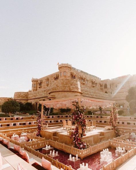 Destination Wedding Aesthetic, Sangeet Decorations, Suryagarh Jaisalmer, Indian Wedding Aesthetic, Big Indian Wedding, Indian Wedding Venue, Mehendi Night, Royal Indian Wedding, Best Destination Wedding Locations