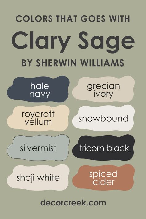 Clary Sage SW-6178 Paint Color by Sherwin-Williams Paint Color Schemes Sage Green, Clary Sage Sherwin Williams Color Scheme, Wall Color For Sage Green Cabinets, Color Palette For Sage Green, Clary Sage Paint Color, Clary Sage Sherwin Williams Kitchen, Colors To Pair With Sage Green, Sage Paint Palette, Clary Sage Complimentary Colors