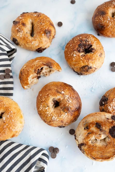 Calling all sweet & salty lovers – this is the bagel for you! Salty chocolate chip bagels combine rich chocolate and flaky sea salt in the ultimate dessert and breakfast crossover. Without being overtly sweet, these homemade bagels harness the power of combining bittersweet chocolate chips and flakey sea salt in a tender, slightly chewy and overwhelmingly fabulous way. | homemade bagel recipe | homemade bagels easy | bagels from scratch | homemade bagel flavors | best bagel recipe homemade Homemade Bagels Easy, Chocolate Chip Bagel Recipe, Best Bagel Recipe, Chocolate Chip Bagels, Easy Bagels, Bagel Flavors, Homemade Bagel Recipe, Bagels Easy, Best Gluten Free Bread