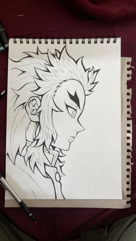 Drawing Of Rengoku, Demon Slayer Characters Drawing, Drawing Rengoku, Rengoku Sketch, Rengoku Drawing, Top 10 Best Anime, Cute Easy Paintings, The Best Anime, Pen Art Drawings