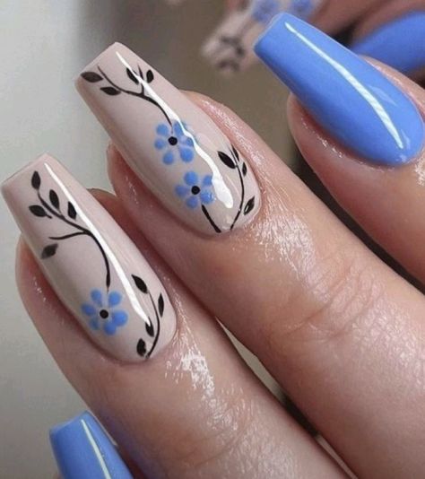 Dusty Blue Nails, Blue Nails With Design, Nails With Design, Solid Color Nails, Spring Acrylic Nails, Gel Nail Art Designs, Cute Simple Nails, Fall Gel Nails, Square Nail Designs