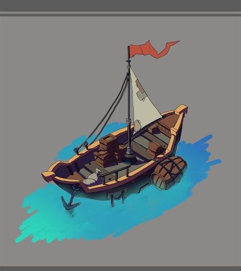 Boat Concept Art, Pirate Boats, Pirate Bay, Pirate Games, Sea Of Thieves, School Murals, Robinson Crusoe, Isometric Art, Low Poly Art