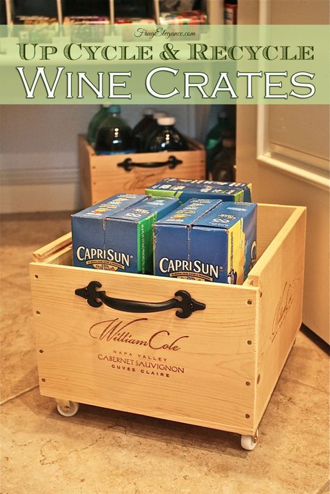 Check this out! We added wheels & handles to a couple wine crates & wah’la we have Frug-Elegant Organizers! #UpCycle #reuseandrecycle Wooden Wine Crates, Crate Bench, Wine Crates, Pantry Makeover, Pantry Organizers, Diy Nightstand, Wine Crate, Organizing Hacks, Crate Storage