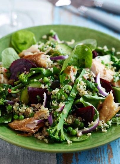 QUINOA, SMOKED MACKEREL, BROCCOLI, PEAS, SPINACH & BEET SALAD [womanandhome] Superfood Salad Recipe, Vegetable Couscous Salad, Mackerel Salad, Vegetable Couscous, Mackerel Recipes, Superfood Salad, Quinoa Salad Recipes, Superfood Recipes, Couscous Salad