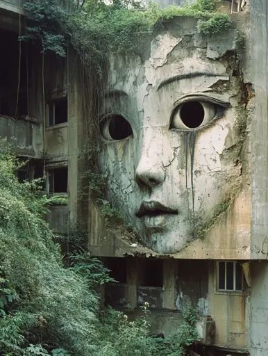 ↑↑↑ Larger size on website 🔸 An abandoned concrete building is overgrown with foliage. A large, cracked face is painted on the si Crumbling Buildings, Nature Reclaiming, Ruins Architecture, Broken Windows, Broken Concrete, Broken Window, Concrete Building, Painted Face, Peeling Paint