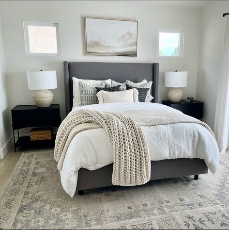 Dark Grey Bed In Bedroom, Master Bedding Ideas Cozy Bedroom Simple, Gray Bedroom Interior, Master Bedrooms Dark Bedframe, Neutral Bedding Grey Headboard, Gray Bed With Black Furniture, Bedroom Decor Grey Furniture, Neutral Master Bed Grey, Grey Headboard Guest Bedroom