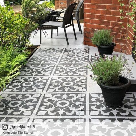 Rectangle Patio, Paint Concrete Patio, Tile Stencils, Garden Pavers, Faux Tiles, Concrete Patios, Patio Slabs, Masonry Paint, Painted Patio