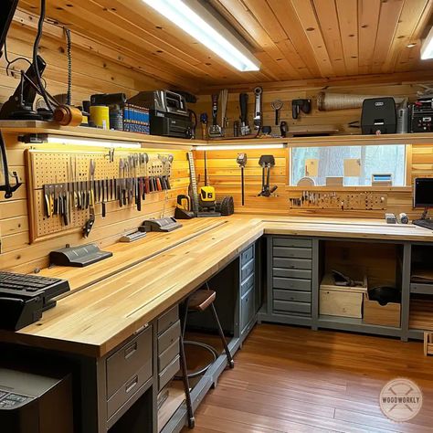 One Car Garage Woodshop Layout, Work Bench Top Ideas, Basement Workbench Ideas, Basement Workshop Layout, Workshop Storage Ideas Organisation, Small Workshop Design, Basement Workshop Ideas, Workshop Bench Ideas, Wood Workshop Design