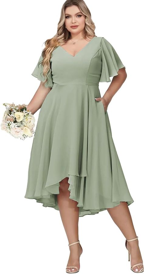 LANYXHSLF Chiffon Bridesmaid Dresses for Women Plus Size Tea Length Formal Dress with Sleeves High Low Evening Gown, Sage Green, 18 Plus : Amazon.ca: Clothing, Shoes & Accessories Sage Green Formal Dress, Formal Dress With Sleeves, Chiffon Bridesmaid Dresses, Dress With Sleeves, Women Plus Size, Chiffon Bridesmaid, Tea Length, Formal Dress, Mother Of The Bride