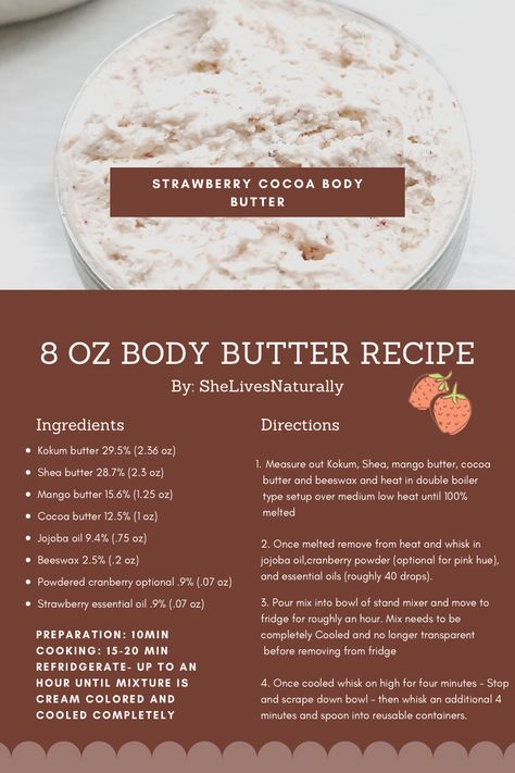 Body Butter Scent Ideas, Strawberry Body Butter Recipe, Kokum Butter Recipe, Body Butter Name Ideas, Body Butter Packaging Ideas, Body Butter Scents, Diy Body Butter Recipes, Butter Recipes Homemade, Body Butter Recipe