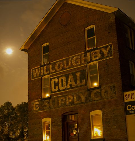 This photograph was taken in Down Town Willoughby Ohio at about 10:30 pm. The Willoughby Coal Supply is a great land mark and is rumored to be haunted. Haunted Ohio, Willoughby Ohio, Land Mark, Ashtabula County, Ohio History, Ghost Signs, Inspiring Photos, Location Inspiration, Ohio River