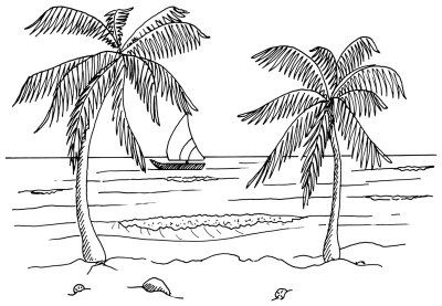 The sun shines and palm trees sway in the breeze in this tropical beach scene. Learning to draw this landscape can be as relaxing as being in it. Palm Tree Drawing, Beach Drawing, Landscape Sketch, Easy Art Projects, Landscape Art Painting, Landscape Drawings, 문신 디자인, Tree Drawing, Beach Landscape