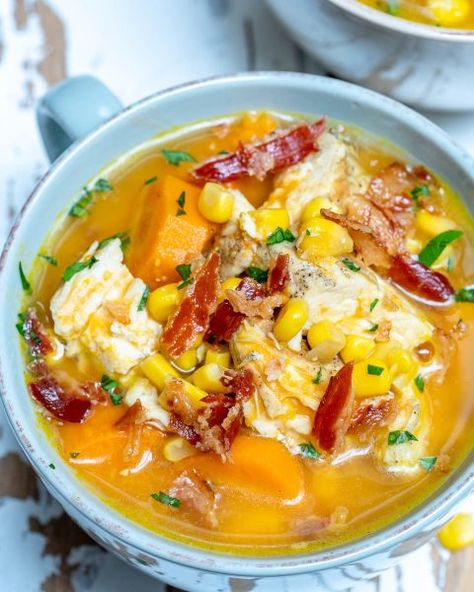 Creamy Chicken + Sweet Potato Corn Chowder Thm Soup, Potato Corn Chowder, Clean Eating Soup, Homemade Bone Broth, Healthy Soups, Chowder Soup, Liver Diet, Chowder Recipe, Clean Eating Challenge