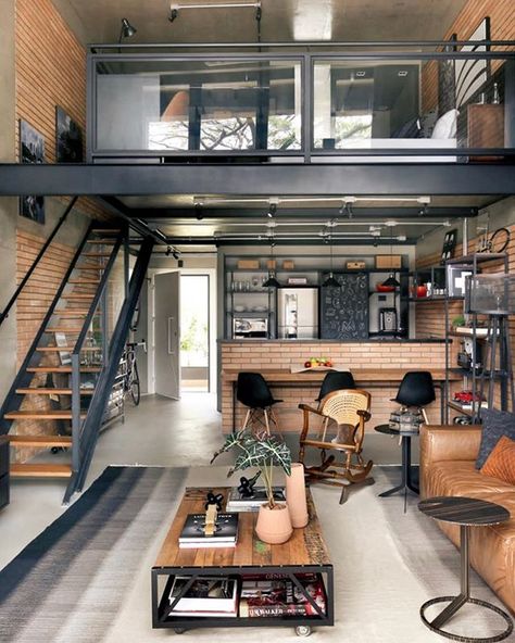 Industrial loft design with rustic interior and brick walls. Tap through to this pin to see more loft apartments and loft styles over on our Instagram! #loft #loftapartment #loftdesign #lofts #realtordotcom #loftbedroom #bedroomideas #apartment #smallspaces #tinyhome Design Casa Piccola, Interior Design Per La Casa, Loft House, Loft Living, Tiny House Interior, Loft Design, Loft Apartment, Design Del Prodotto, Industrial House