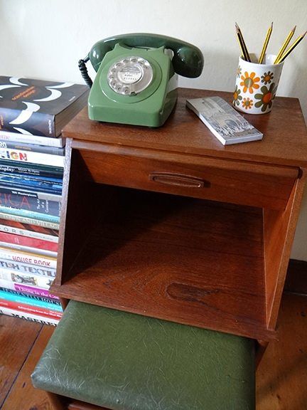 vintage teak telephone table with seat pulled out and green GPO telephone and stack of books from @H is for Home Telephone Table With Seat, Phone Table, Music Project, Vintage Phone, Telephone Table, Vintage Phones, Desk Phone, Stack Of Books, Corded Phone