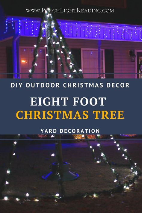 DIY Christmas tree made from a tree stand, garland and lights. Tutorial #diychristmasyardecor Outdoor Christmas Light Tree, Diy Christmas Tree With Lights, Diy Yard Christmas Tree, Diy Outside Christmas Tree, Christmas Tree Out Of Lights, Outdoor Christmas Tree Ideas, Simple Holiday Decorations, Christmas Tree Yard Decorations, Christmas Tree Outside