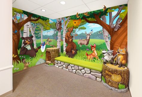 Pediatric Dental Office Decor, Daycare Design Ideas, Kid Storage, Dental Reception, Pediatric Dental Office, Woodland Wonderland, Daycare Design, Window Mural, Exhibition Ideas