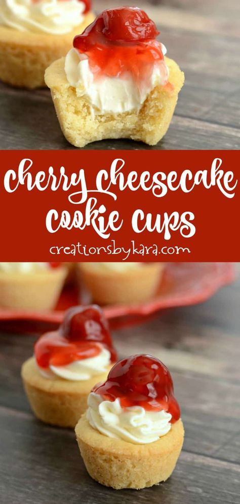 Strawberry Cheesecake Cookie Cups, Cherry Cookie Cups, Mini Cherry Muffins, Sugar Cookie Cups Muffin Tin, Mini Cupcake Decorating Ideas, Brownie Cheesecake Cups, Cheesecake Sugar Cookie Cups, Cherry Cheesecake Cookies, Cheesecake Cookie Cups