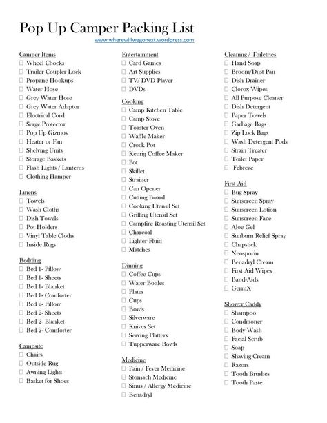 Camping Packing List- Where Will We Go Next-page-001 (1)                                                                                                                                                      Plus Camper Packing List, Zelt Camping Hacks, Zelt Camping, Tenda Camping, Pop Up Trailer, Camping Packing List, Camper Hacks, Camping List, Tent Trailer