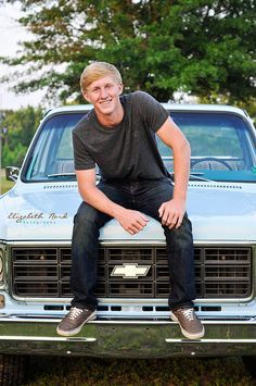 sitting on the hood of his truck for senior picture Truck Senior Pictures, Truck Photography, Senior Pictures Boys Outdoors, Senior Picture Poses, Boy Senior Portraits, Senior Year Pictures, Truck Pics, Senior Photos Boys, Country Romance