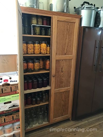 Canning Jar Cabinet, Home Canned Food Storage, Canning Cabinet Storage Diy, Canning Storage Cabinets, Canning Cabinet, Larder Room, Canning Shelves, Big Pantry, Jar Organization