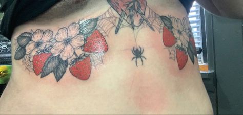 Strawberry sternum tattoo credit to @stretchytattoo on instagram Strawberry Chest Tattoo, Strawberry Tramp Stamp, Wild Strawberries Tattoo, Strawberry Fairy Tattoo, Goth Sternum Tattoo, Kawaii Strawberry Tattoo, Strawberry Botanical Tattoo, Strawberry Tattoo, Underboob Tattoo