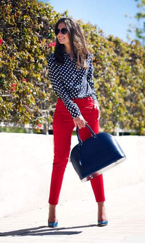 Red white and blue! #polkadots #redpants #navyblouse Red Pants Outfit, Dot Shirt, Polka Dot Shirt, Red Pants, Casual Work Outfits, Work Outfits Women, Business Casual Outfits, Work Attire, Business Outfits