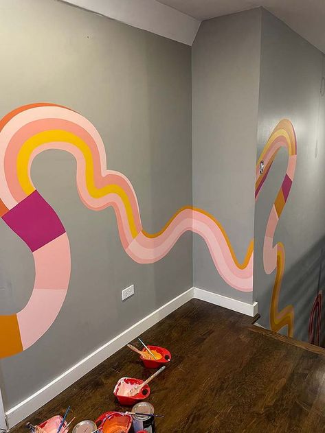 This squiggly line mural brings so much life to these gray walls. Check out my website for more mural inspiration! Line Mural, Playroom Paint, Mural Inspiration, Office Mural, Gray Walls, Accent Walls In Living Room, Camper Renovation, Front Door Colors, Paint Line