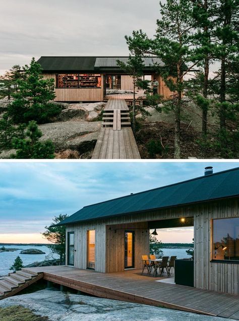 Modern Cabins, Summer Cabins, Cabin Modern, Contemporary Cabin, Summer Cabin, Modern Barn House, Narrow House, Bungalow House Design, Modern Barn