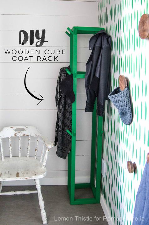 Remodelaholic | Easy DIY Wooden Cube Coat Rack for Just $10 Diy Coat Rack, Coat Rack Hooks, Hidden Shelf, Diy Coat, Wall Coat Rack, Rustic Entryway, Build A Wall, Wooden Coat Rack, Hat Organization