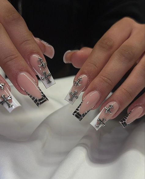 Black And White Y2k Nails, Greyday Nails, Rapper Nails, Nail Piercing, Cross Nails, White Acrylic Nails, Grunge Nails, Girly Acrylic Nails, Long Square Acrylic Nails