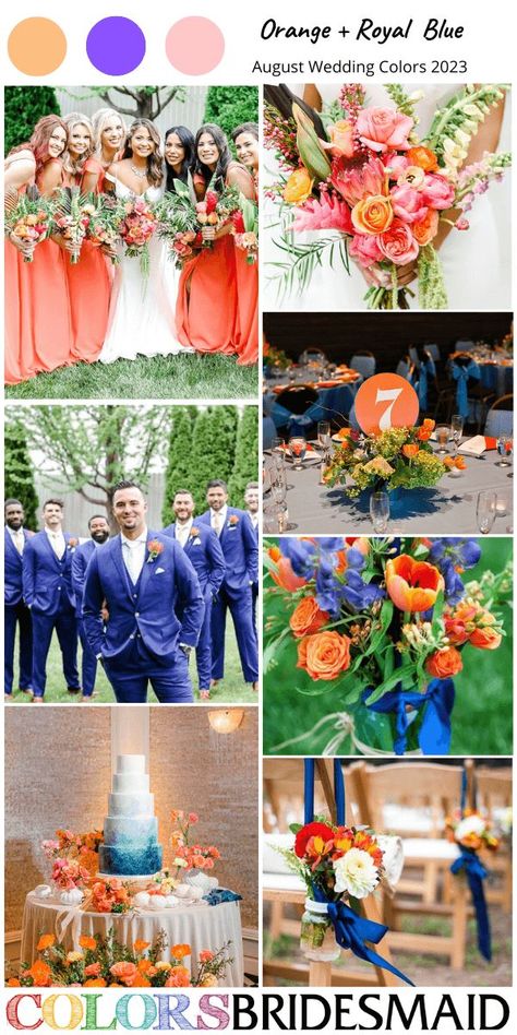 orange and royal blue august wedding colors 2023, orange bridesmaid dresses, white bridal gown, royal blue men's suit and tie, orange wedding flower decorations in wedding centerpieces, wedding cake, wedding aisle chair and bridal bouquets, orange wedding table number cards. #weddings #weddingideas #bridesmaiddresses #summerwedding #colsbm #2023 #orangewedding #augustwedding Royal Blue Orange Wedding, Wedding Colors For August, Blue And Orange Wedding Theme, Orange And Blue Wedding, August Wedding Colors, Blue Orange Weddings, Royal Blue Wedding Theme, Choosing Wedding Colors, Orange Wedding Themes