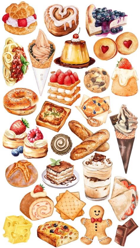 Pastry Drawing, Recipe Book Design, Dessert Illustration, Budget Family Meals, Homemade Stickers, Kids Room Paint, Beautiful Wallpapers For Iphone, Scrapbook Printing, Food Drawings