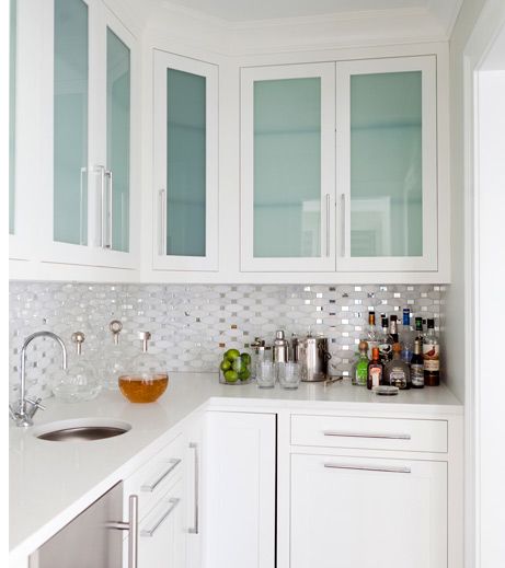 Love the backsplash. It's like confetti in the kitchen! Design by Morgan Harrison Home. Frosted Kitchen Cabinets, Kitchen Design Glass Cabinets, Frosted Cabinet Doors, Butlers Cabinet, Kitchen Cabinets With Glass Doors On Top, Frosted Glass Kitchen Cabinets, Cheap Backsplash, Glass Kitchen Cabinet, Glass Tile Backsplash Kitchen