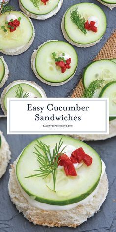 These Cucumber Sandwiches or cucumber canapes are easy tea sandwiches that are perfect for any get-together including holiday parties. #cucumbersandwiches #cucumbercanapes #teasandwiches www.savoryexperim... Christmas Cucumber Sandwiches, Tea Party Savories, Christmas Tea Sandwiches Recipes, Christmas Tea Sandwiches, Cucumber Party Sandwiches, Cucumber Tea Sandwich Recipe, Easy Tea Sandwiches, Easy Finger Sandwiches, Cucumber Canapes