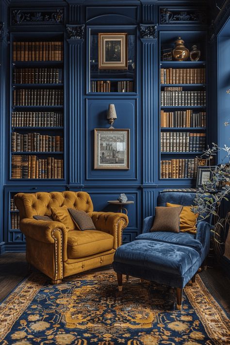 29 Blue and Yellow Boho Decor Ideas: Blend Bold Colors for a Vibrant and Stylish Space Unexpected Red Theory, Colorful Bookshelves, Red Library, Colour Drenching, Victorian Remodel, Red Theory, Blue Library, Moody Office, Alcove Bed