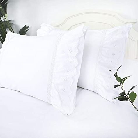 Eyelet Pillow Shams Ruffled King Bright White Shabby Chic Lace Set of 2 Double Layered Ruffle Farmhouse Pillowcases Country French Cottage Embroidered Floral Victorian Pretty Elegant Trim 20x36 Country French Cottage, Victorian Crochet, Best Silk Pillowcase, Elegant Pillow, Large Pillow Covers, Shabby Chic Pillows, Lace Pillow, Ruffle Pillow, Quilted Pillow Shams