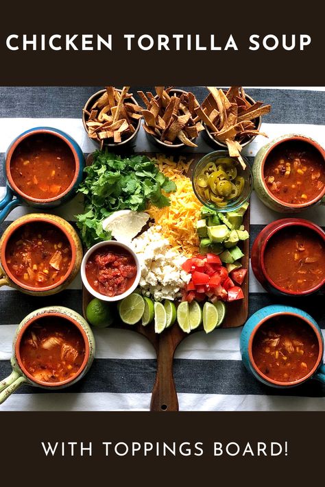 Soup toppings charcuterie board…Is that a thing? YEP, I think it is! What a fun way to display all those yummy toppings whether you’re hosting friends or you want to WOW your family for the night. Soup Charcuterie Board, Friendship Soup Recipe, Homemade Tortilla Strips, Soup Toppings, Easy Chicken Tortilla Soup Recipe, Easy Chicken Tortilla Soup, Chicken Tortilla Soup Recipe, Dry Soup Mix, Chicken Tortilla Soup Easy