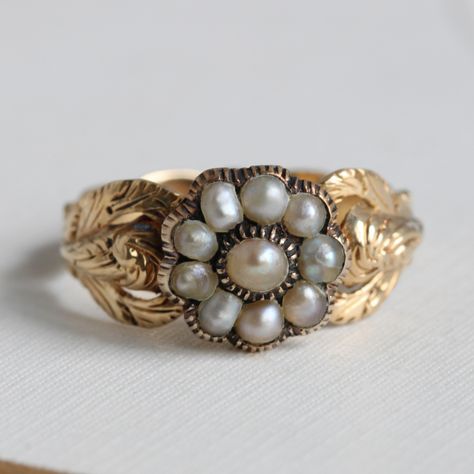 This ring has survived over 200 years on the planet, but she doesn’t look it. A Georgian natural pearl cluster with the sweetest foliate shoulder motif that really emphasizes the floral vibe of the center. Just listed in the shop. #antiquerings #georgianrings #pearlrings #dignifiedlady #flowerjewelry #sweetthang #ringcollector #ringaddiction #200yearsold Georgian Engagement Ring, Edwardian Wedding Ring, Pearl Cluster Ring, Georgian Ring, Rose Gold Accessories, Antique Style Rings, Edwardian Ring, Georgian Jewelry, Pearl Engagement Ring