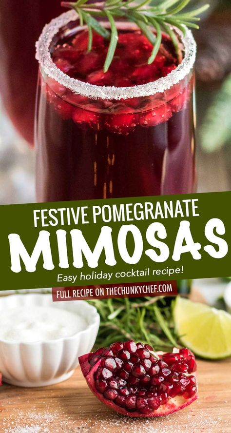 Refreshing and so quick and easy to make, these Pomegranate Mimosas are great for brunch, or a holiday party!  Tips on other flavor variations and how to make a pitcher for a large crowd! #mimosas #brunch #pomegranate #champagne #sparkling #holiday #cocktail #drinkrecipe Holiday Mimosas, Easy Holiday Cocktail Recipes, Dessert Nouvel An, Mimosas Brunch, Pomegranate Mimosa, Mimosa Drink, Easy Holiday Cocktails, Festive Holiday Drinks, The Chunky Chef