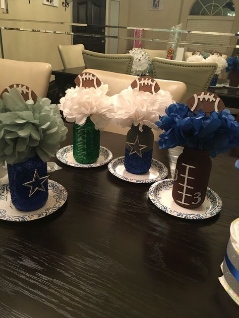 Dallas Cowboy centerpieces DIY Dallas Cowboys Bday Party, Dallas Cowboy Birthday Party Decoration, Dallas Cowboy Wedding Theme Ideas, Dallas Cowboy Themed Birthday Party, Dallas Cowboy Theme Party, Dallas Cowboy Centerpieces Ideas, Dallas Cowboys Theme Birthday Party, Dallas Cowboys Party Ideas Centerpieces, Dallas Cowboy Party Ideas