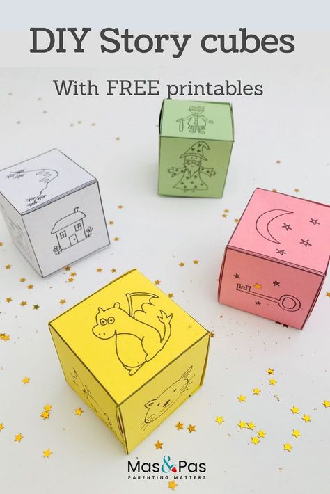 How to make your very own story cubes with our FREE printables. Story cubes are a great way to spark your child’s imagination and encourage their creativity. Each time your child rolls the cubes they will get different characters, settings and objects that they have to include in their story. The combination of pictures will instantly prompt ideas for magical and exciting stories that they can tell. We’ve created four different story cubes for you to download and print out so you can enjoy makin Story Telling Activities, Cube Template, Story Cubes, Build A Story, Times Tables, Bahasa Melayu, Easy Arts And Crafts, Educational Activities For Kids, Literacy Activities