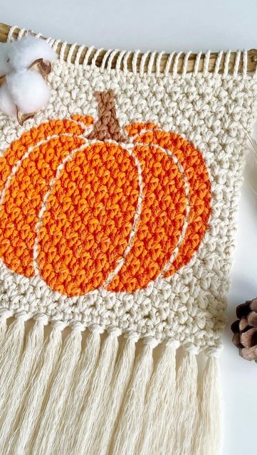 Pumpkin Wall Hanging, Halloween Totes, Crochet Colorwork, Crochet Wall Hanging, Pumpkin Wall, Ball Of Yarn, Crochet Wall Hangings, Halloween Crochet Patterns, Fall Wall Decor