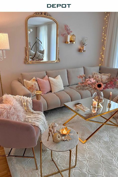 Grey And Pink Living Room, Girly Living Room, Pink Living Room Decor, Living Room Decor Gray, Gold Living Room, Glam Living Room, Apartment Living Room Design, Pink Living Room, Small Apartment Living Room